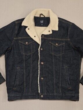 Gap Sherpa Lined Denim Trucker Jacket Men's Dark Wash Indigo Blue